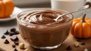 Шоколадная намазка из тыквы, лучше Нутеллы, в стеклянной миске, готовый полезный десерт без выпечки