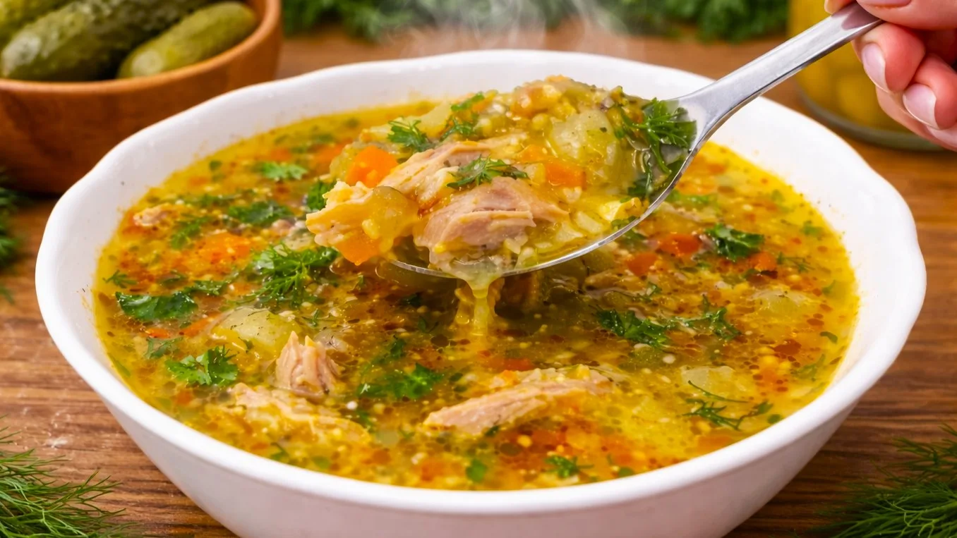 Рассольник с курицей без перловки с пшеном и солёными огурцами
